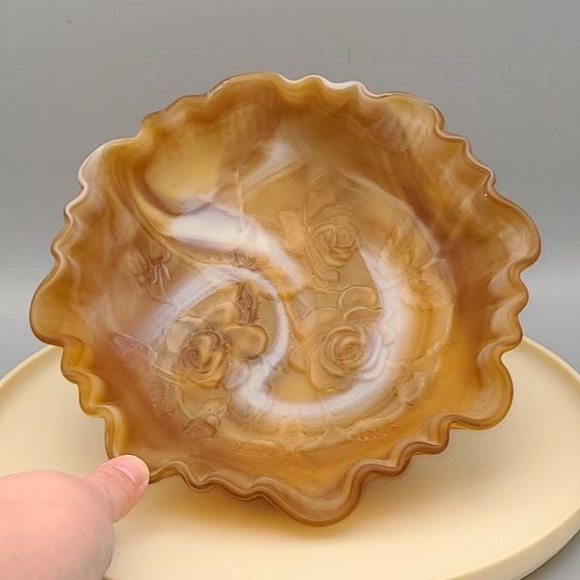Vintage Imperial Glass Slag Glass Caramel and White Swirl 3 footed Bowl Rose Pattern