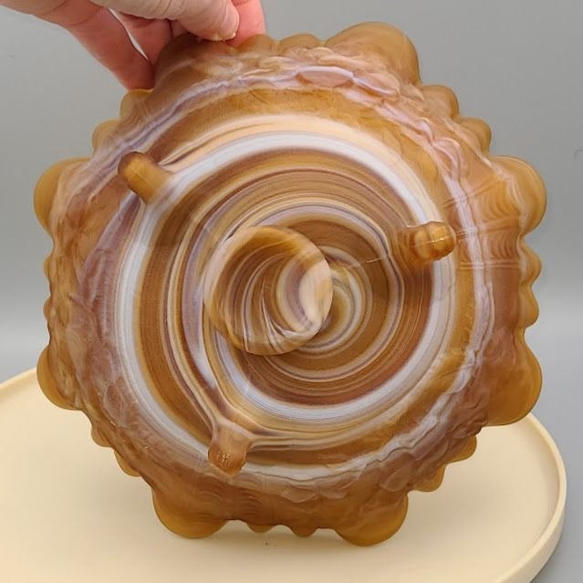 Vintage Imperial Glass Slag Glass Caramel and White Swirl 3 footed Bowl Rose Pattern