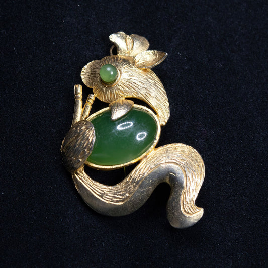 Vintage Jade Stone Fish Gold Toned Brooch and Pendent