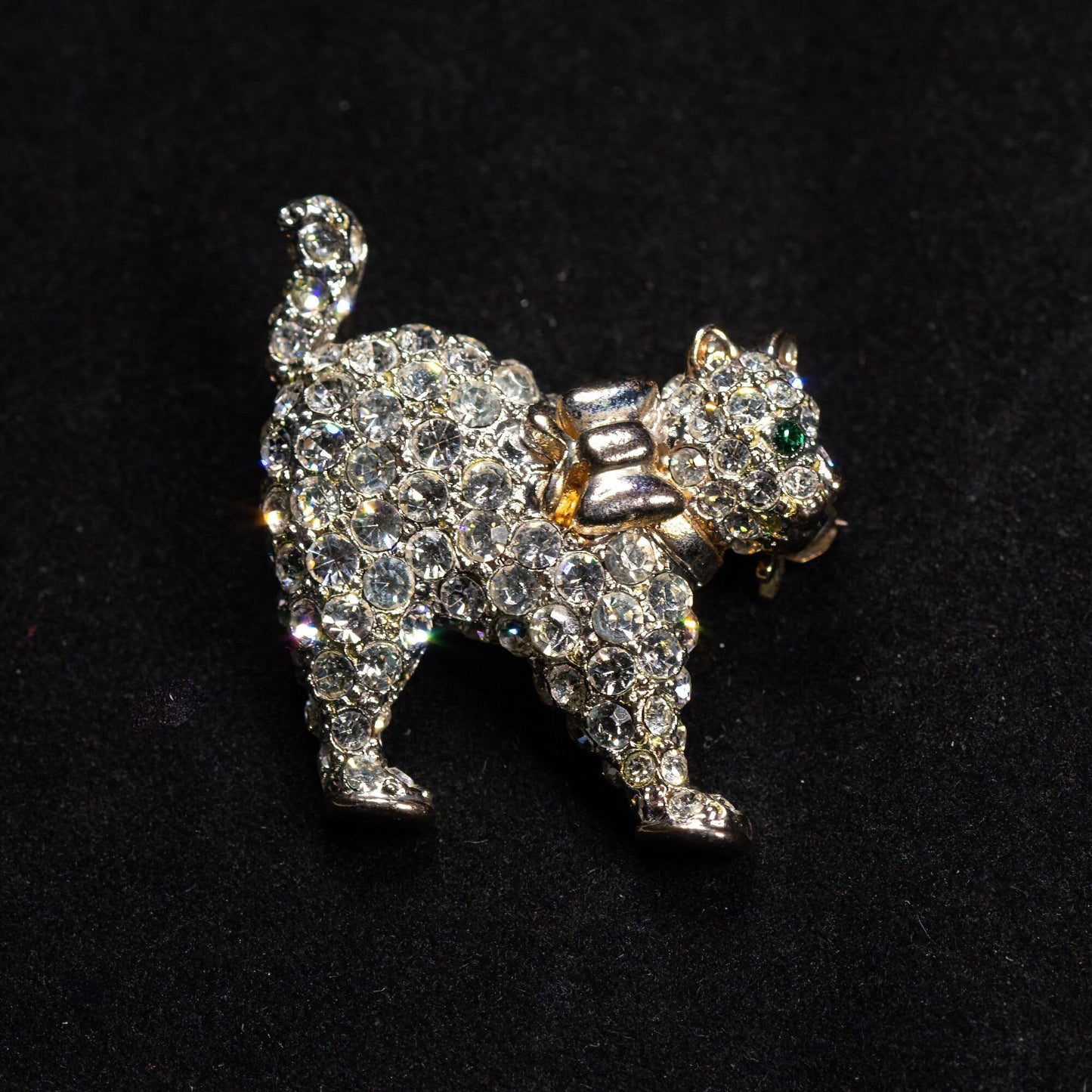Vintage Cat with Bow Rhinestone Brooch