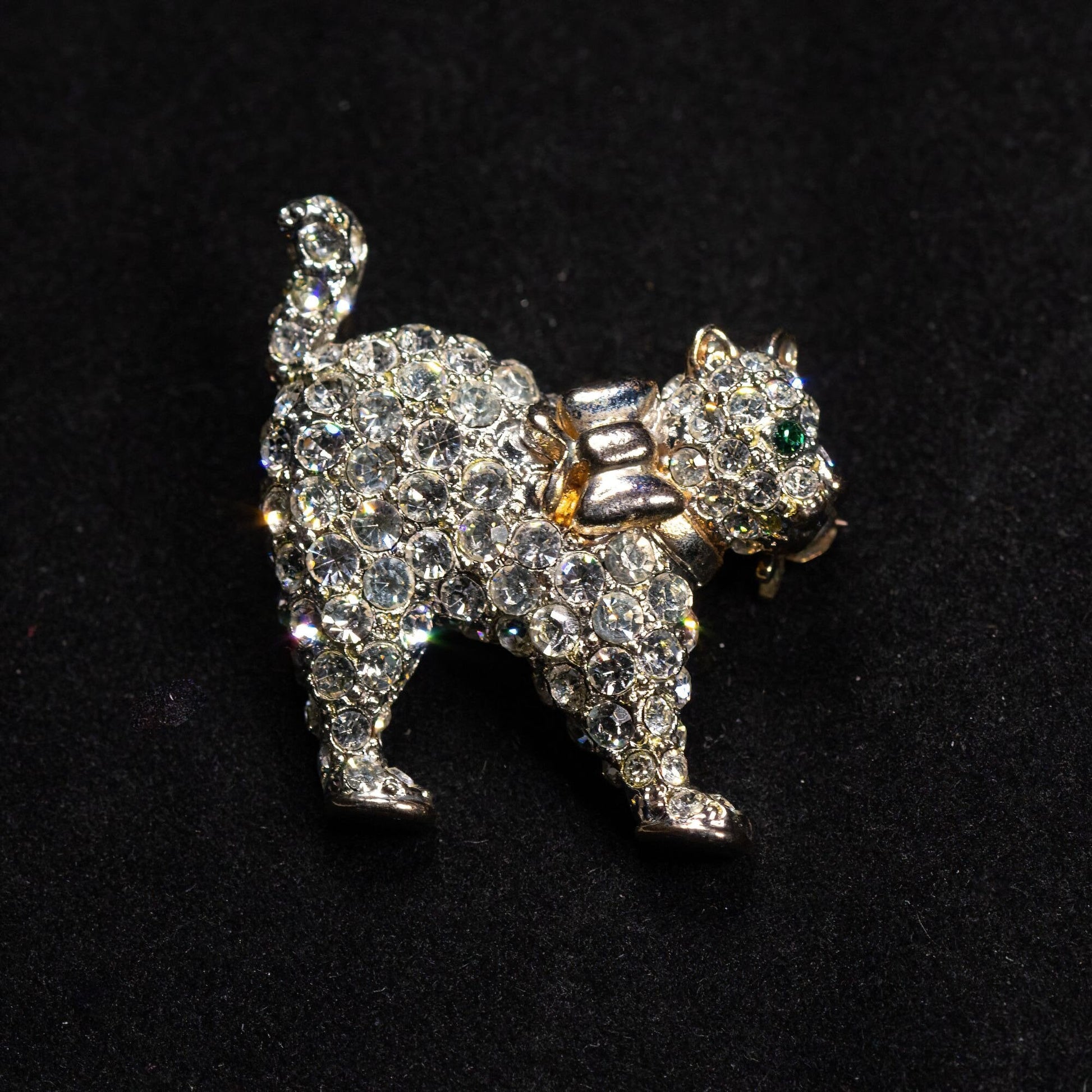 Vintage Cat with Bow Rhinestone Brooch
