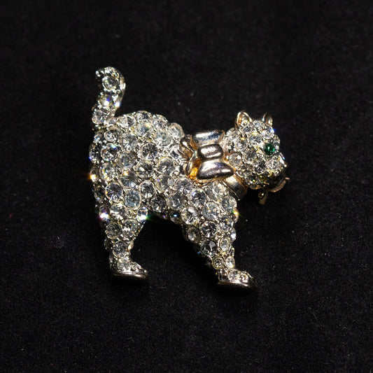 Vintage Cat with Bow Rhinestone Brooch