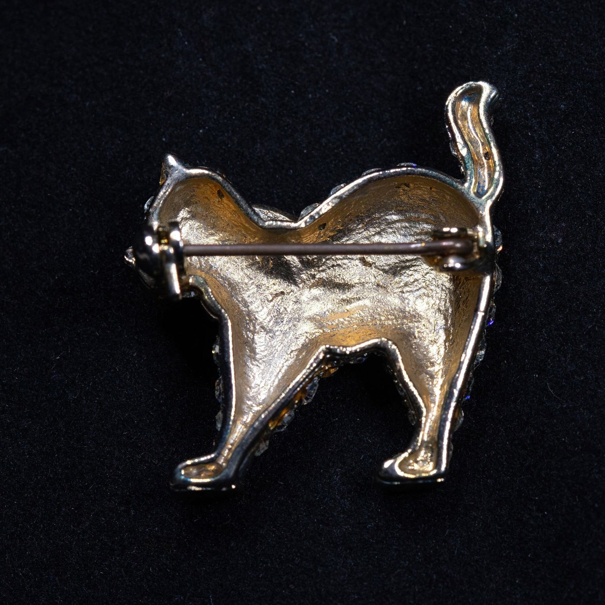 Vintage Cat with Bow Rhinestone Brooch