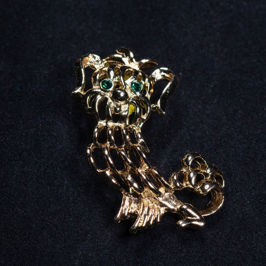 Vintage Signed Avon Dog Yorkie Gold Toned Brooch Green Rhinestone Eyes