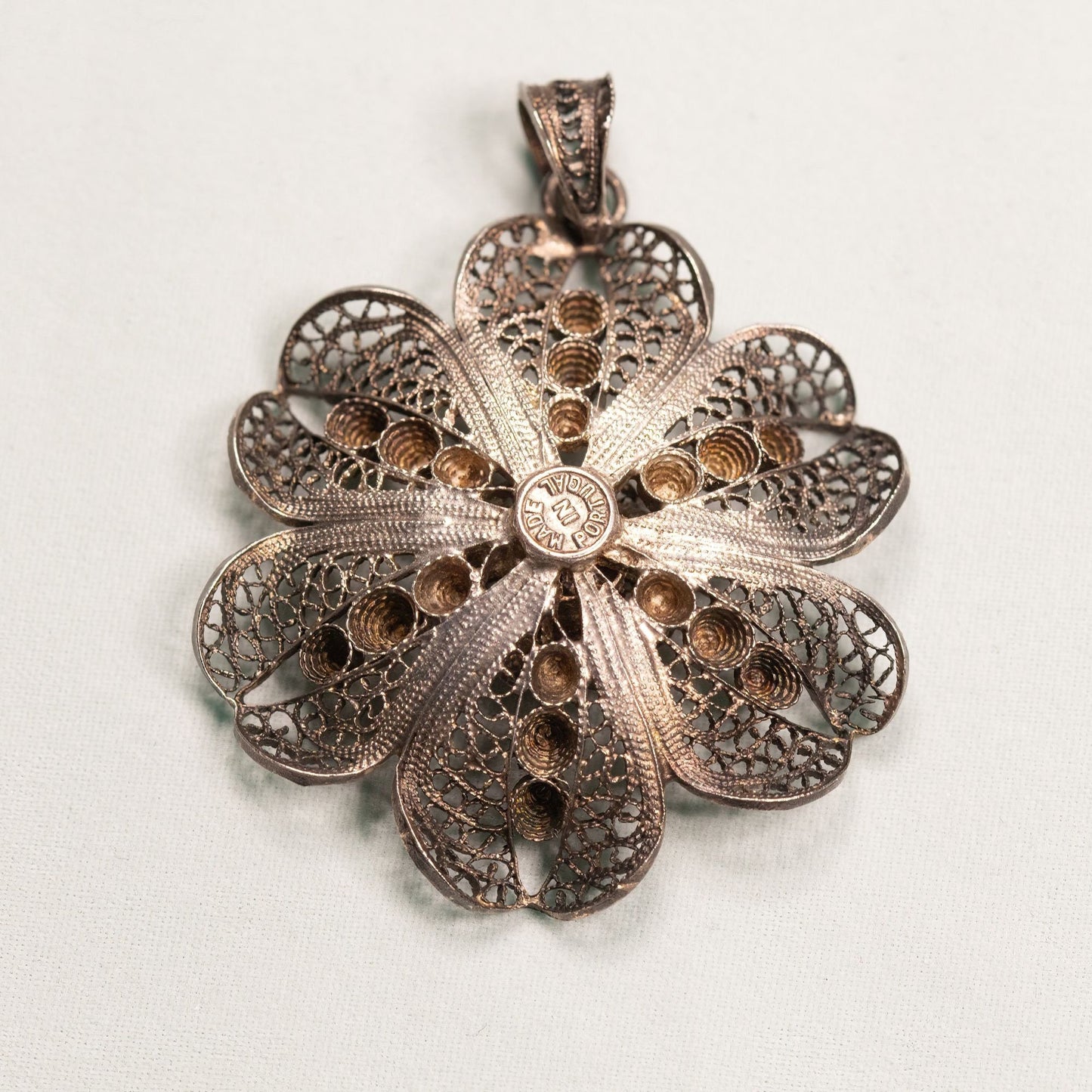 Vintage Filigree Flower Silver Tone Pendant Made in Portugal
