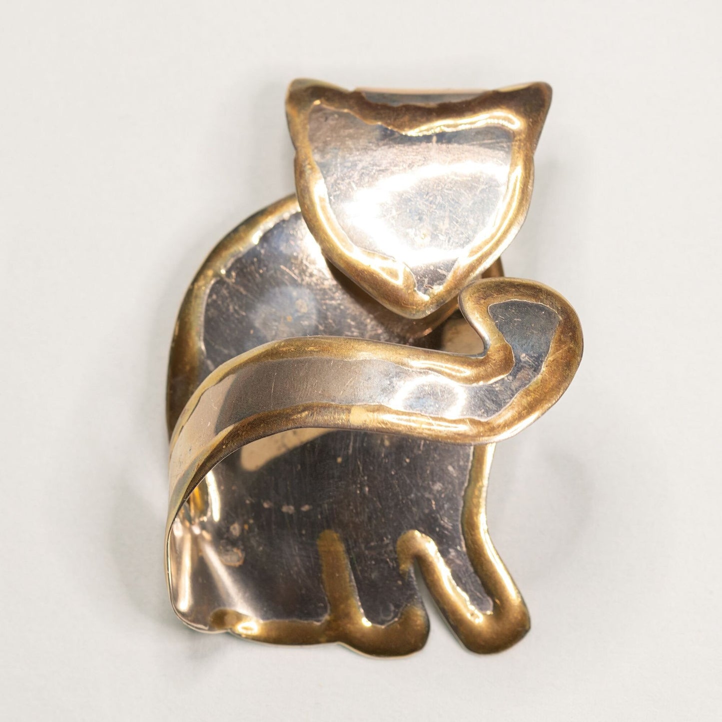 Vintage Handmade Cat Brooch Silver and Gold Toned