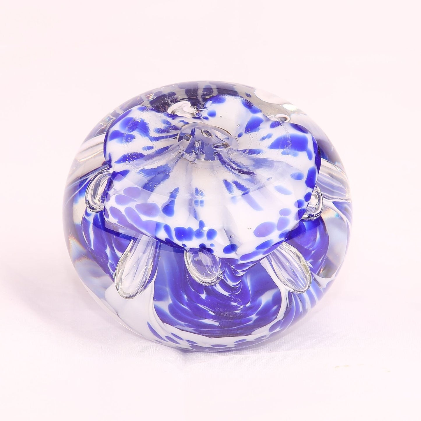 Vintage art Glass Flower Paper Weight Blue and White Unsigned