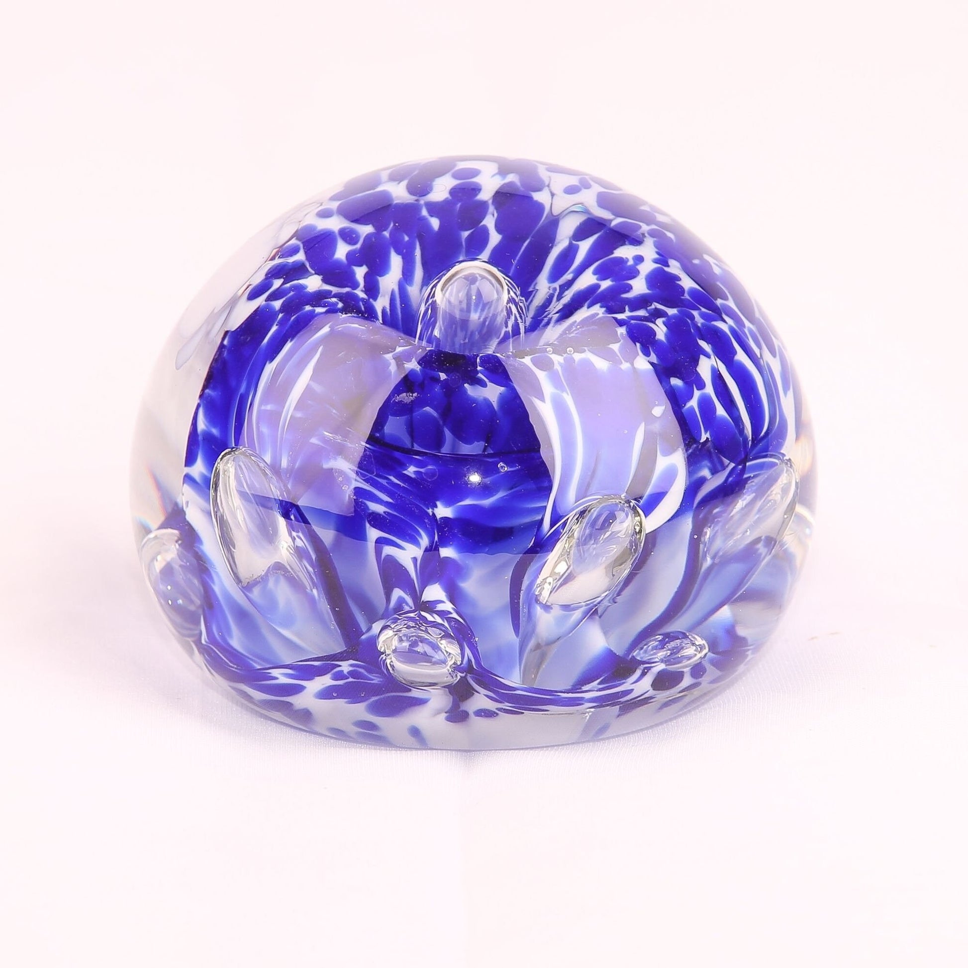 Vintage art Glass Flower Paper Weight Blue and White Unsigned