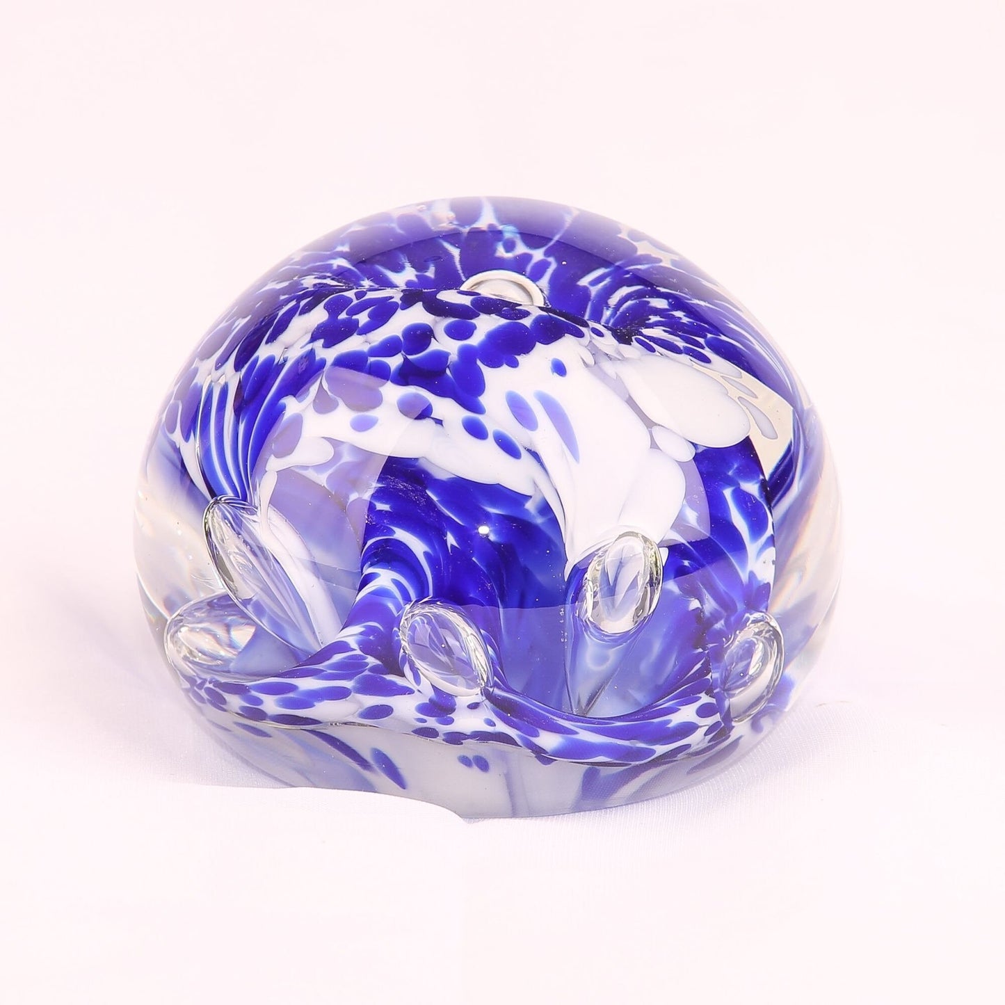 Vintage art Glass Flower Paper Weight Blue and White Unsigned