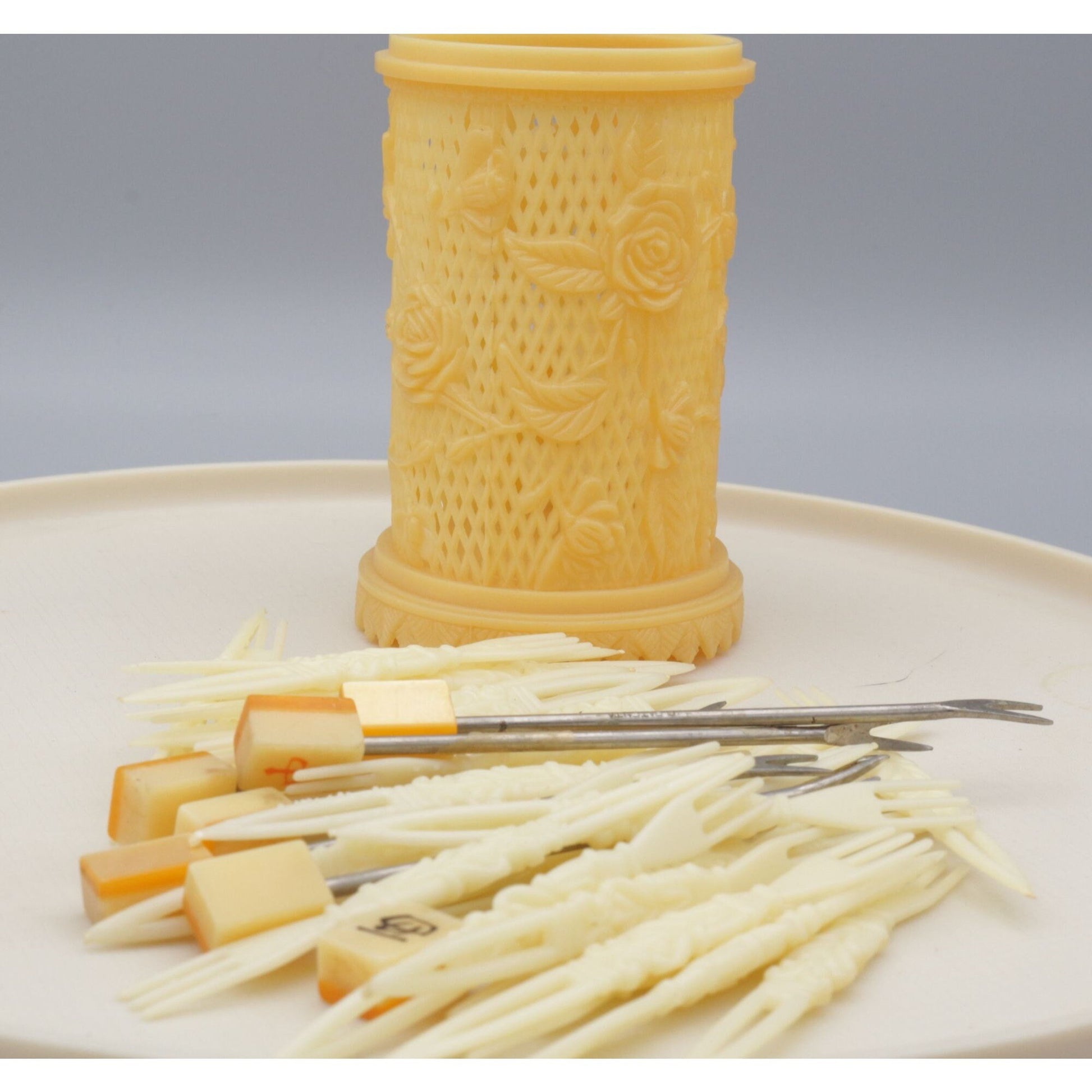 Vintage Celluloid Rose Basket With Appetizer Forks