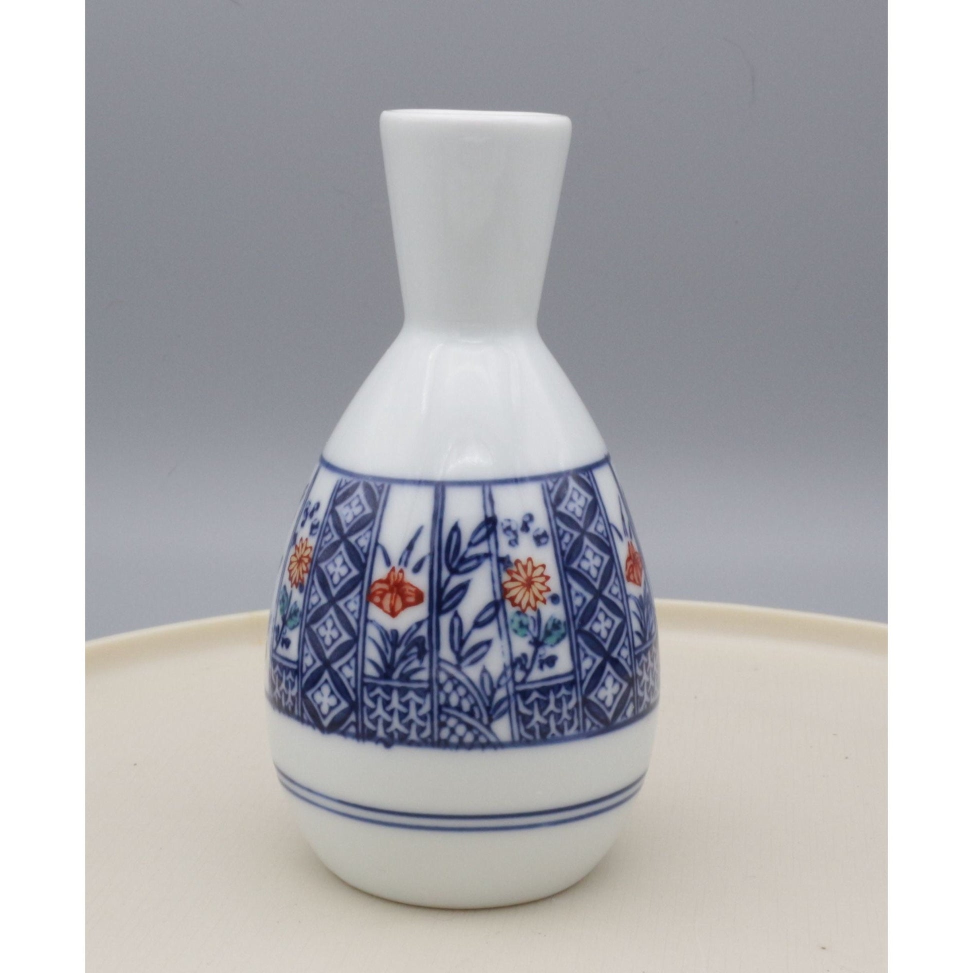 Vintage Japanese Hand Painted Ceramic Floral Sake Bottle or Bud Vase
