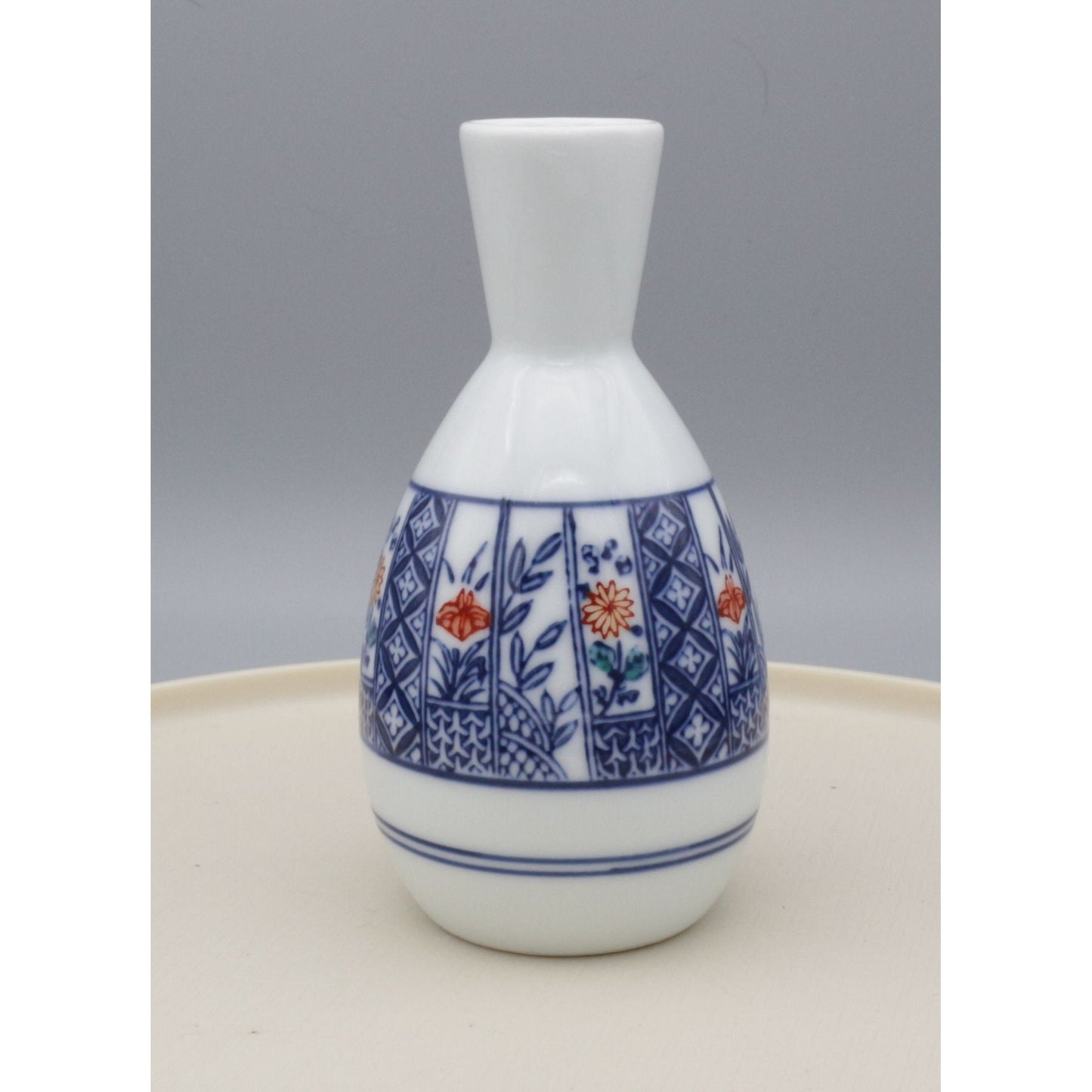 Vintage Japanese Hand Painted Ceramic Floral Sake Bottle or Bud Vase