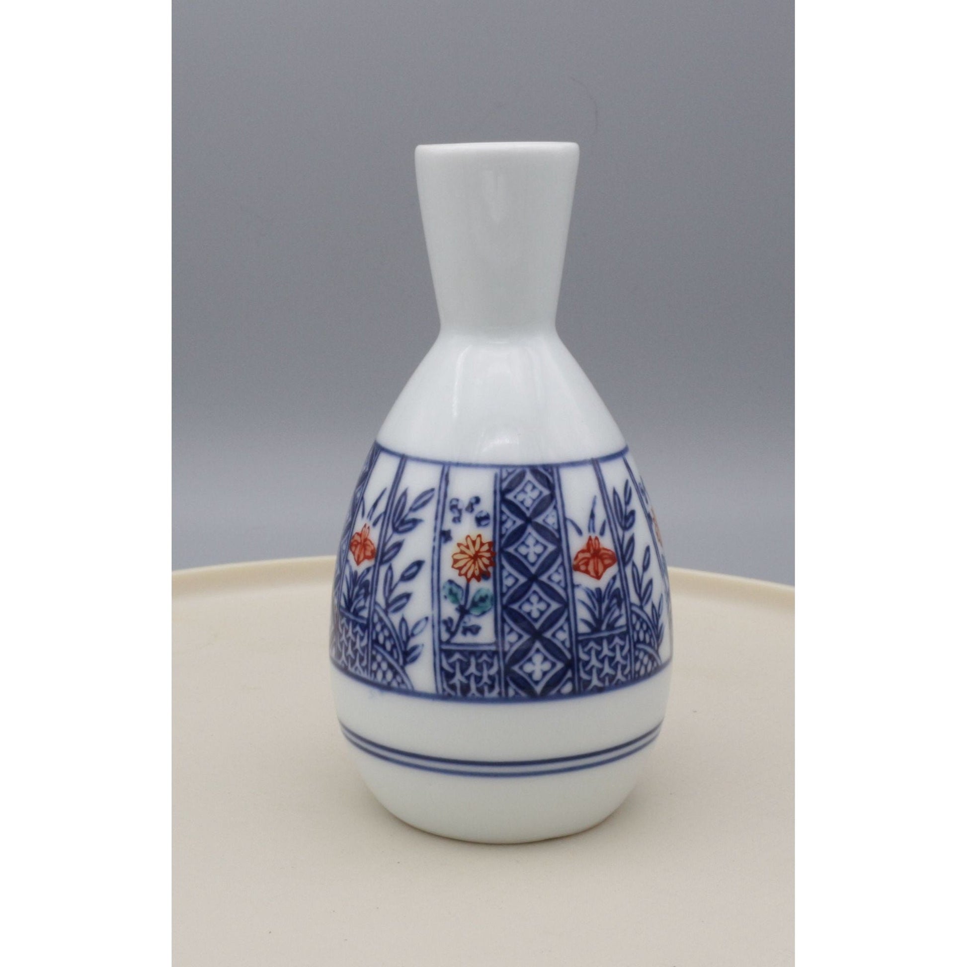Vintage Japanese Hand Painted Ceramic Floral Sake Bottle or Bud Vase