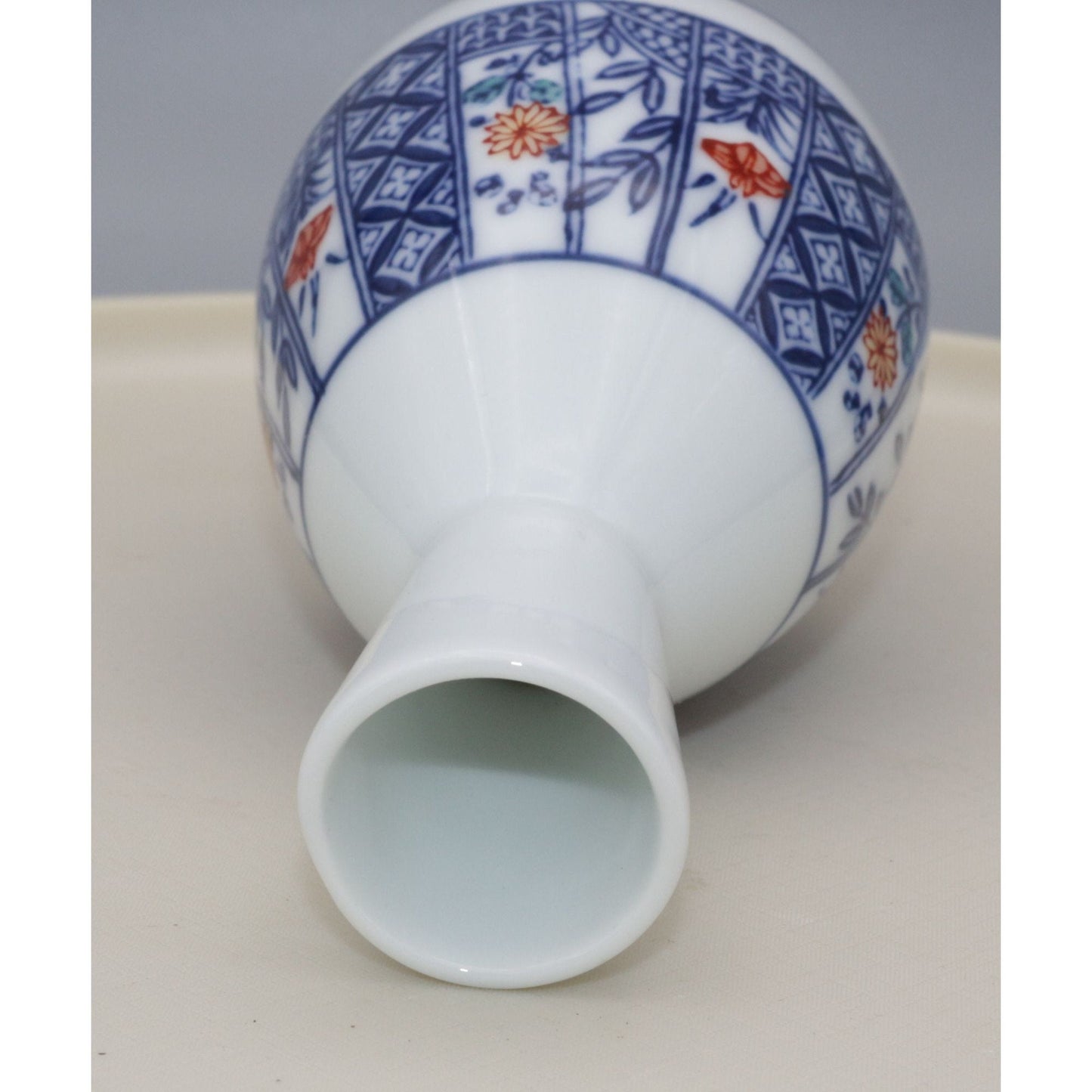Vintage Japanese Hand Painted Ceramic Floral Sake Bottle or Bud Vase