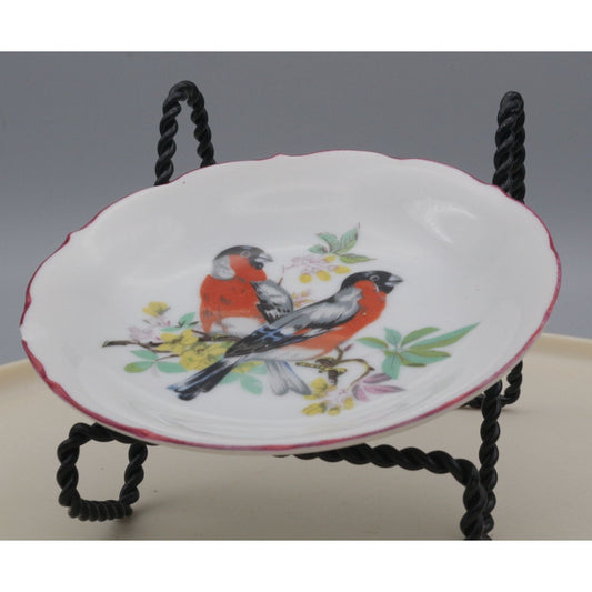 Vintage Red Birds Floral Porcelain Trinket Dish Plate AS IS