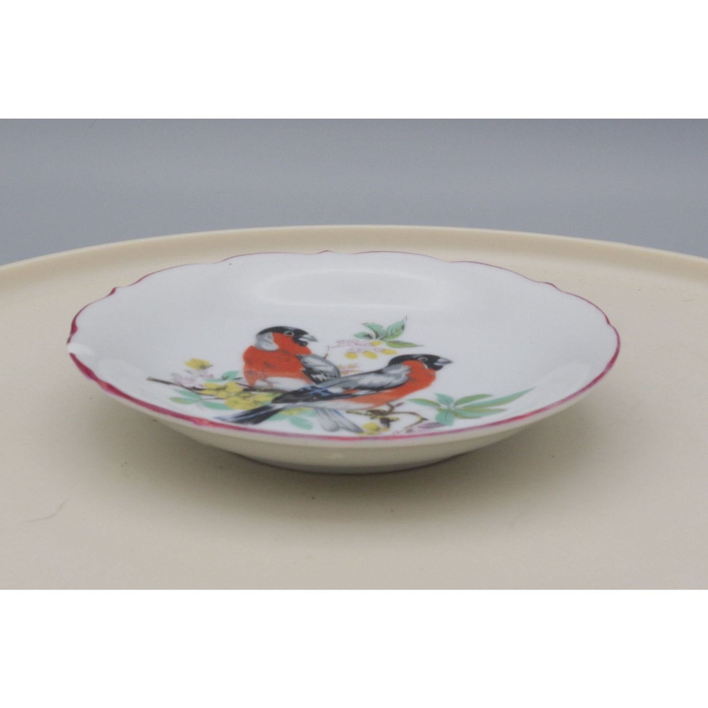Vintage Red Birds Floral Porcelain Trinket Dish Plate AS IS