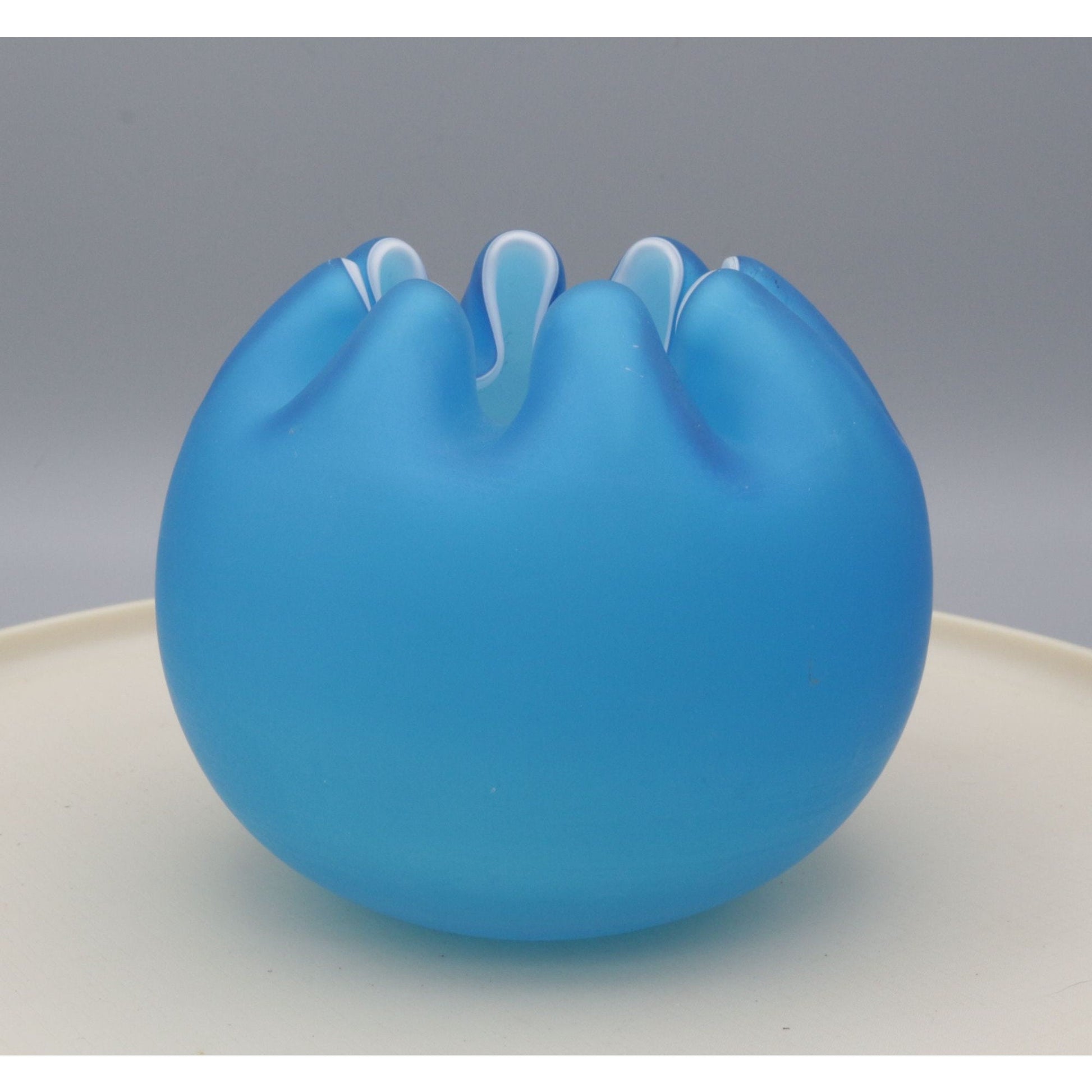 VIntage Blue Cased Satin Glass Ruffle Vase Bowl