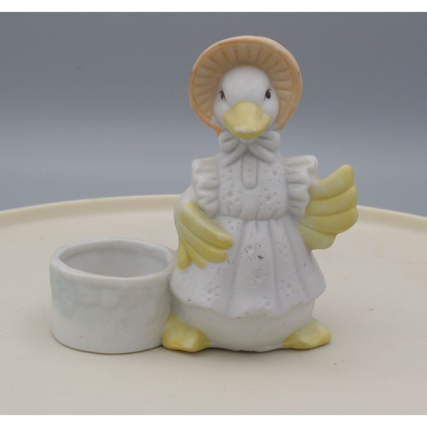 Vintage Bisque Ceramic Duck in Bonnet Votive Candle Holder