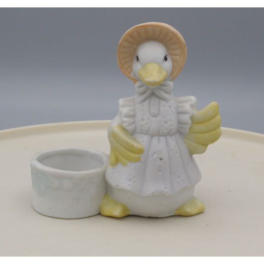 Vintage Bisque Ceramic Duck in Bonnet Votive Candle Holder