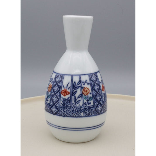 Vintage Japanese Hand Painted Ceramic Floral Sake Bottle or Bud Vase