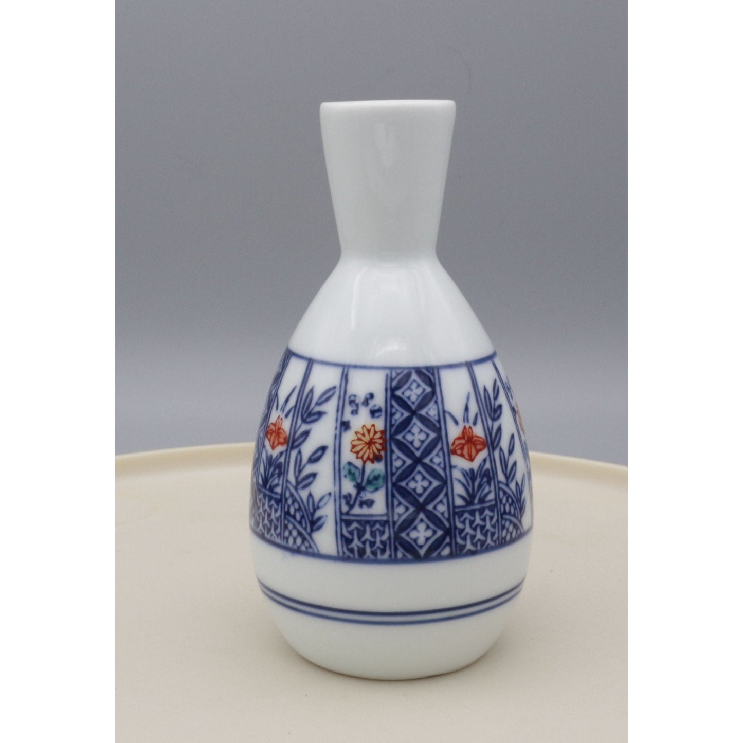 Vintage Japanese Hand Painted Ceramic Floral Sake Bottle or Bud Vase