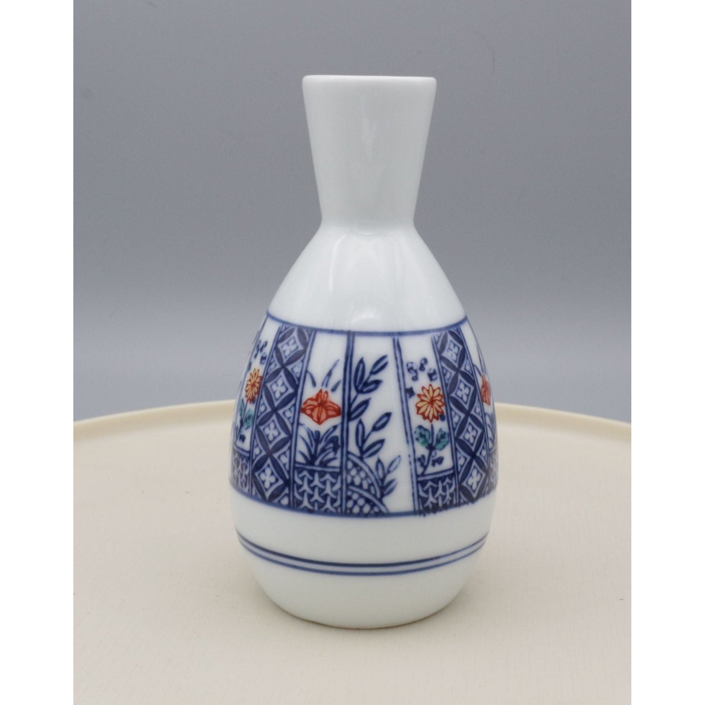 Vintage Japanese Hand Painted Ceramic Floral Sake Bottle or Bud Vase