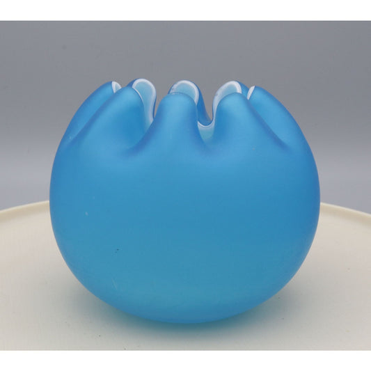 VIntage Blue Cased Satin Glass Ruffle Vase Bowl