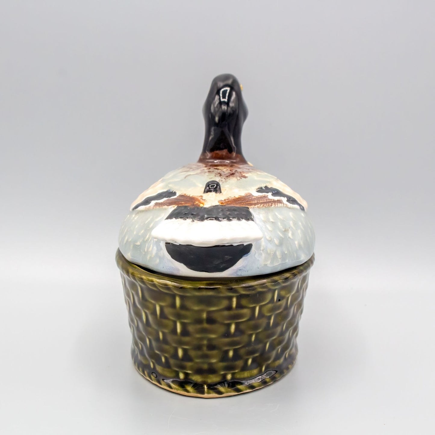 Vintage Duck on Basket Sigma Tastesetter Ceramic Figural Box