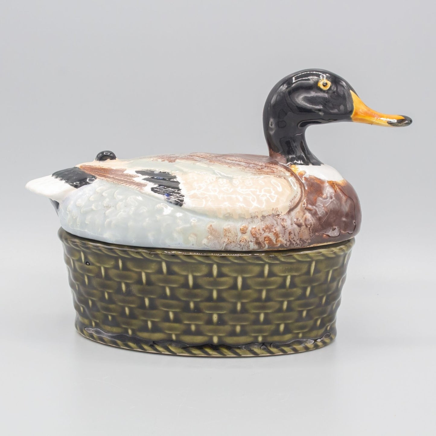 Vintage Duck on Basket Sigma Tastesetter Ceramic Figural Box