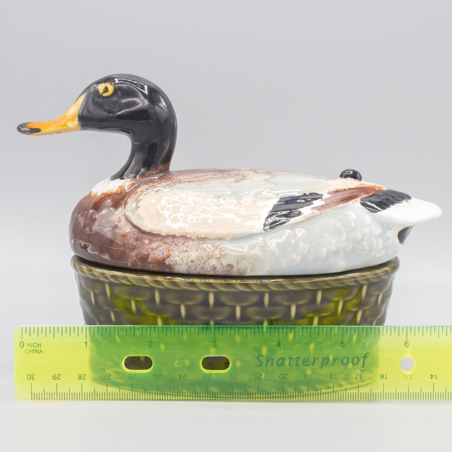 Vintage Duck on Basket Sigma Tastesetter Ceramic Figural Box