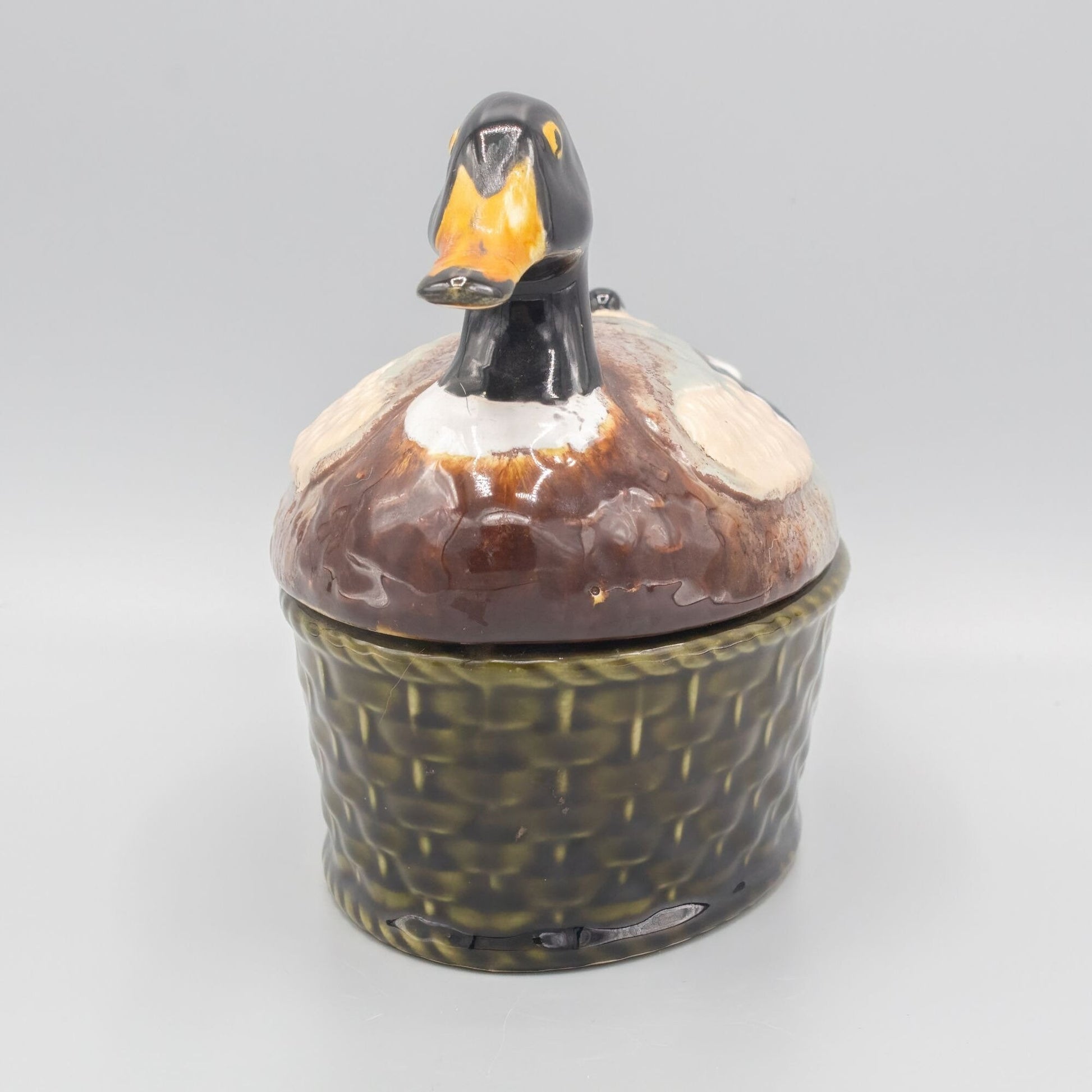 Vintage Duck on Basket Sigma Tastesetter Ceramic Figural Box