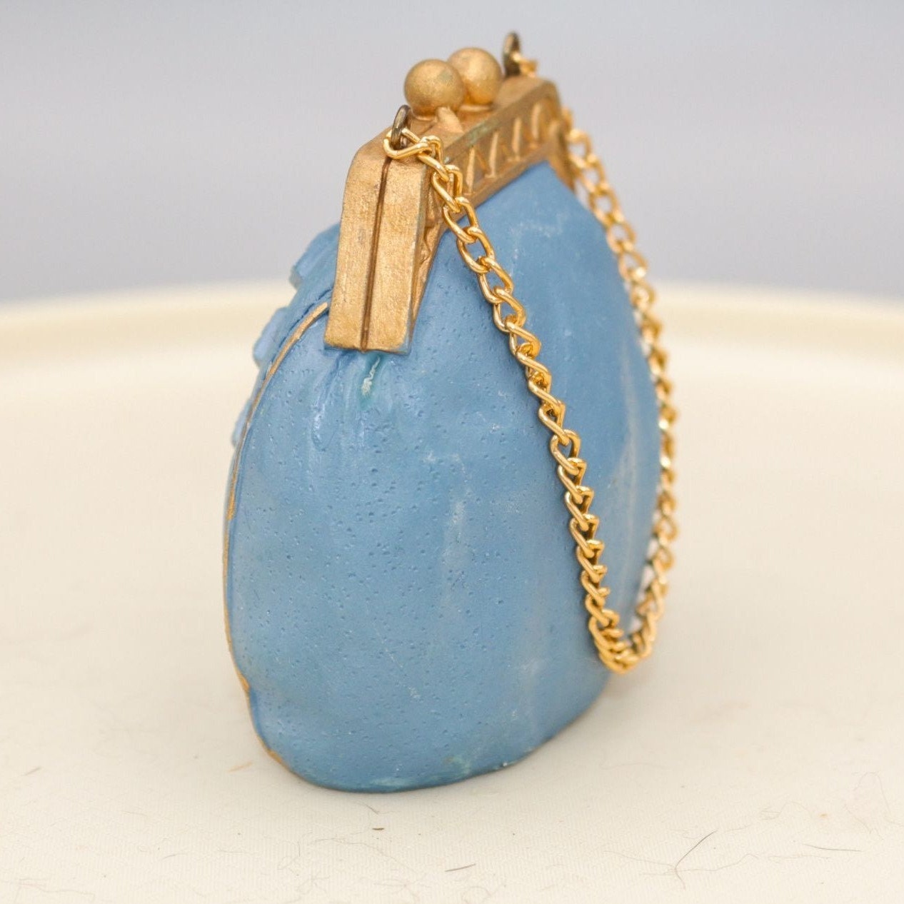 Vintage Miniature Handbag Figurine Blue and Gold Chain