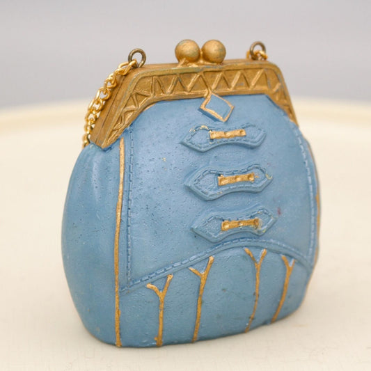 Vintage Miniature Handbag Figurine Blue and Gold Chain
