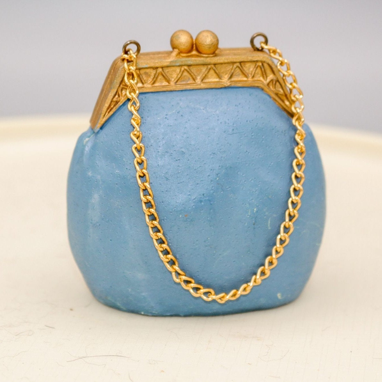 Vintage Miniature Handbag Figurine Blue and Gold Chain